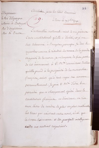 1791年7月19日、1791年の憲法を受け入れるという彼の決定を説明するルイ16世（1754-93）によって書かれたヨーロッパの主権者への手紙 作： Louis XVI